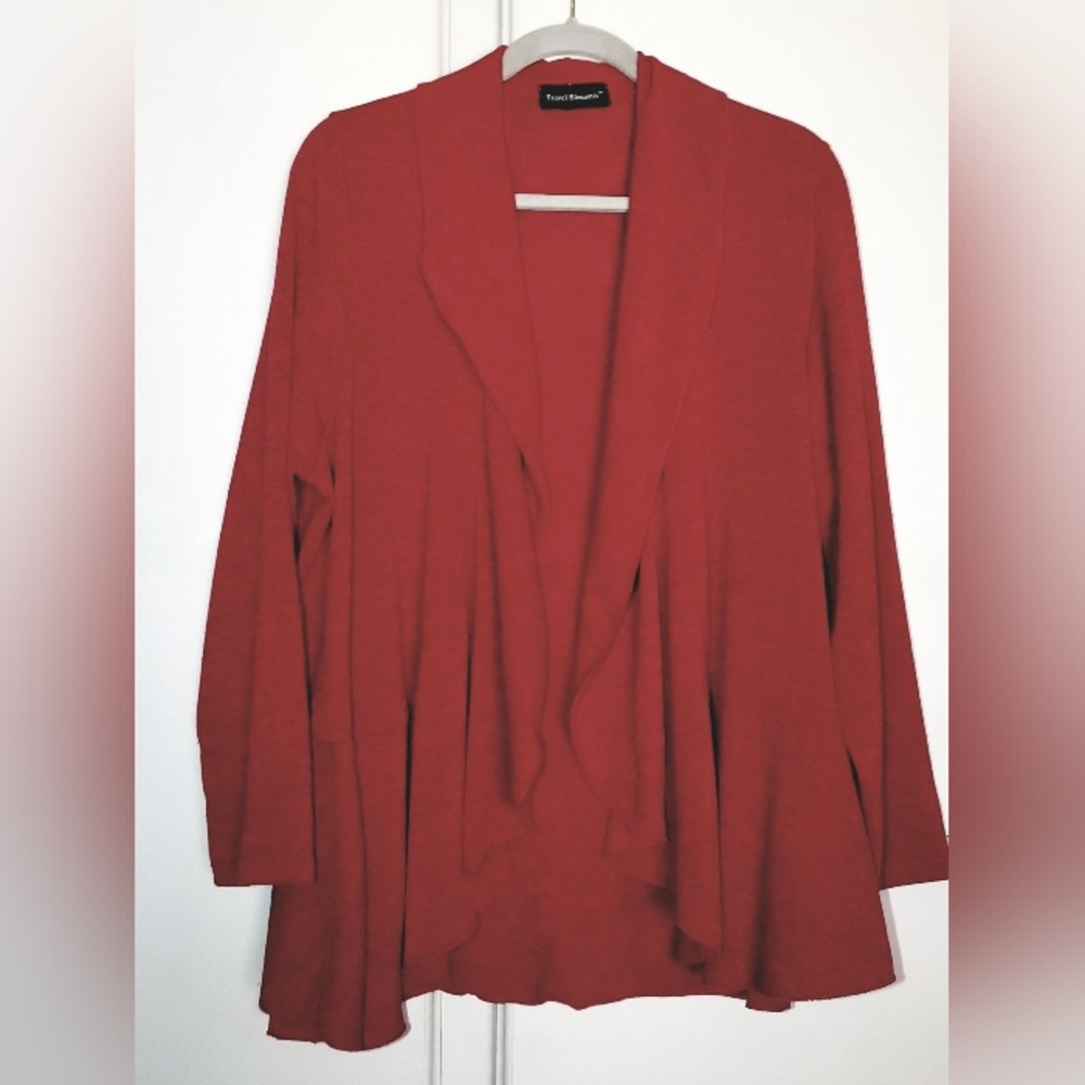 Women's knit red drape-front, open cardigan By Travel Elements. 1X